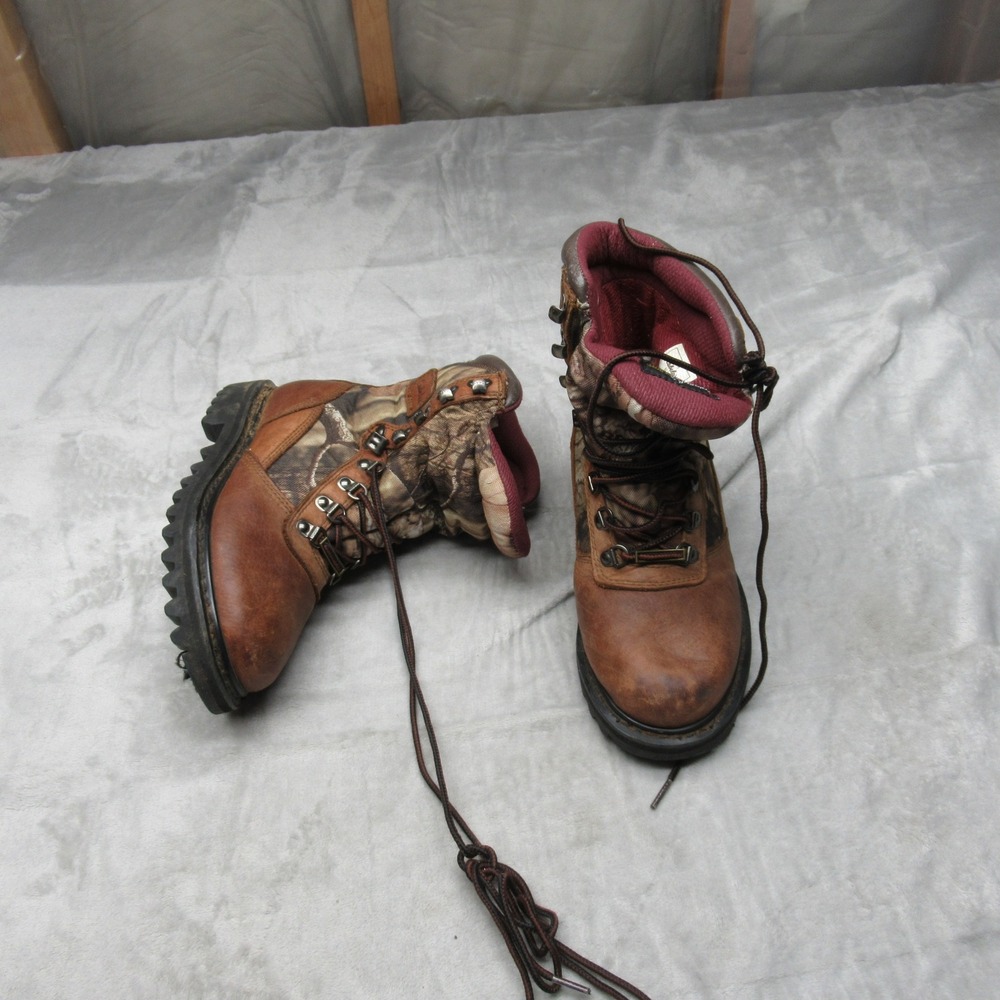Cabelas Youth Hunting Boots 4M‎ Brown Camo Leather Insulated Outdoor Waterproof
